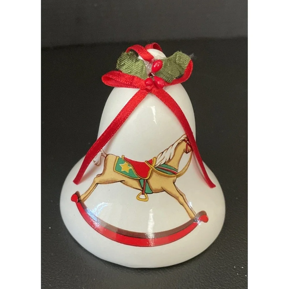 Vintage Porcelain Rocking Horse Bell Christmas Holiday Ornament